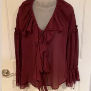 Metro7  Sz S Maroon Sheer Ruffled Babydoll Top